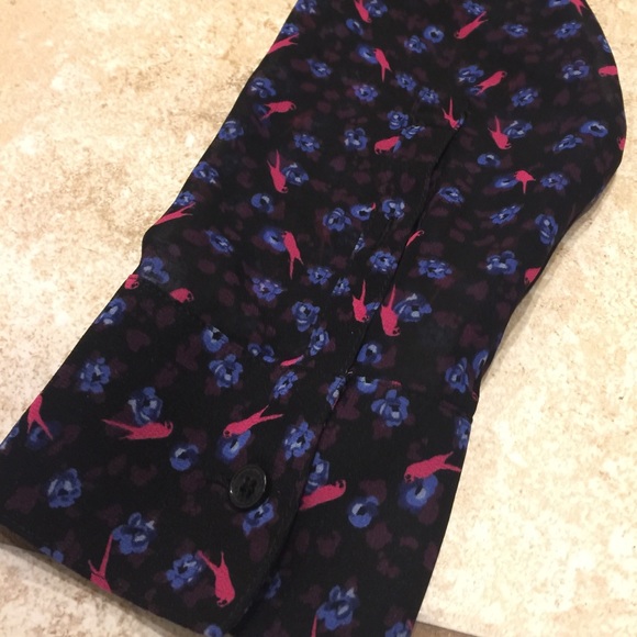 EXPRESS sheer printed blouse. Pink birds/floral - Picture 2 of 6